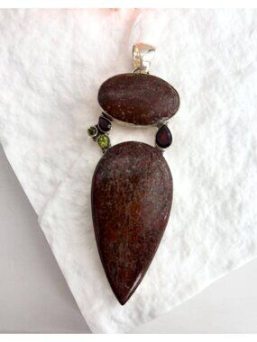 Brown Agate Teardrop Vintage Jumbo Peridot & Garnet Sterling Silver 925 Pendant